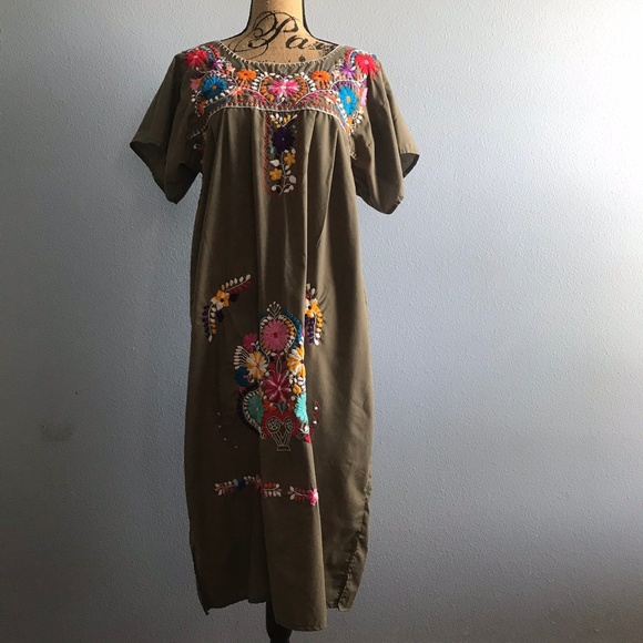 Dresses & Skirts - Mexican Puebla Olive Green Embroidered Dress